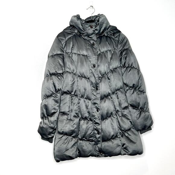 Bebe Dark Silver Titanium Hooded Puffer Winter Coat Size Medium - Picture 1 of 10